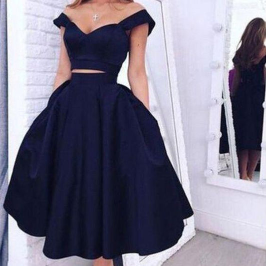 Elegant Off-The-Shoulder Two-Piece Tea-Length Homecoming Dresses Brisa Navy Cheap CD20