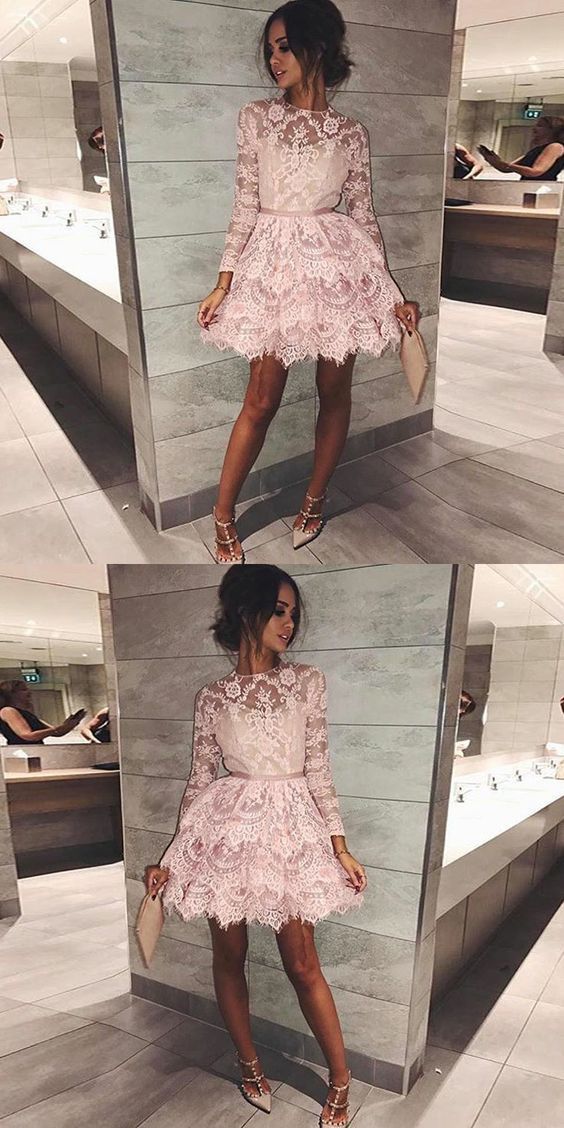 Short Long Sleeves Short Dresses Tiered Homecoming Dresses Hana Lace Pink Short With Sleeves CD210