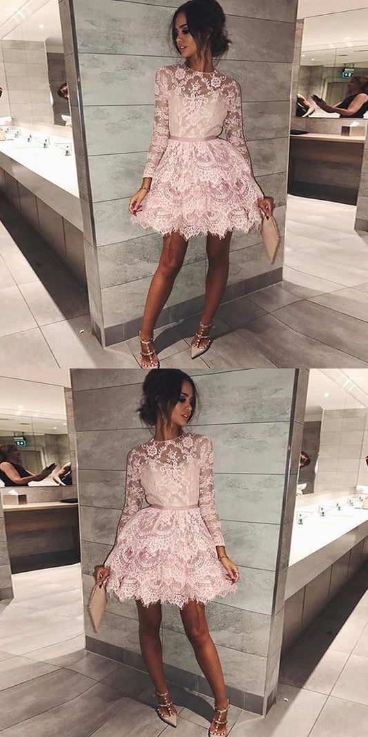 Short Long Sleeves Short Dresses Tiered Homecoming Dresses Hana Lace Pink Short With Sleeves CD210