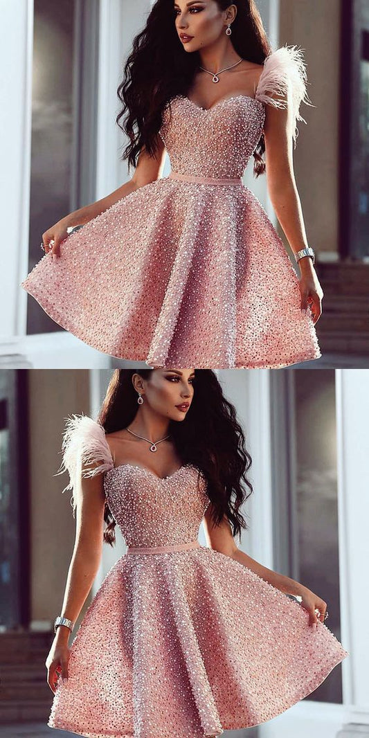Sweetheart Beaded Short With Sydnee Homecoming Dresses Pink Feathers Cutest Dresses For CD214