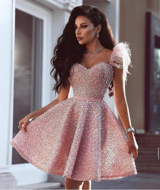 Sweetheart Beaded Short With Sydnee Homecoming Dresses Pink Feathers Cutest Dresses For CD214