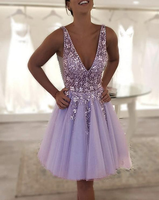 Homecoming Dresses Avah Beaded Tulle V Neck CD21452