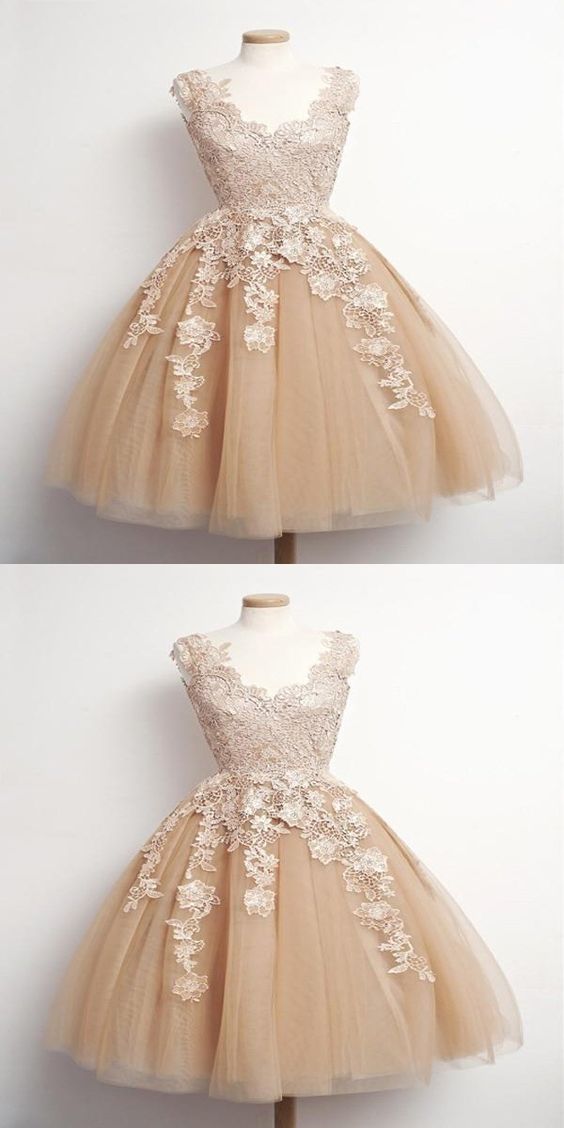 A-Line Jane Homecoming Dresses Sleeveless Champagne Short Appliqued Tulle CD2165