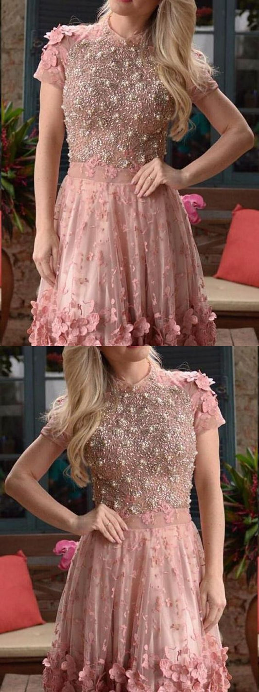 Popular Appliques Vogue A-Line Dusty High Homecoming Dresses Piper Pink Neck With Beading CD2173