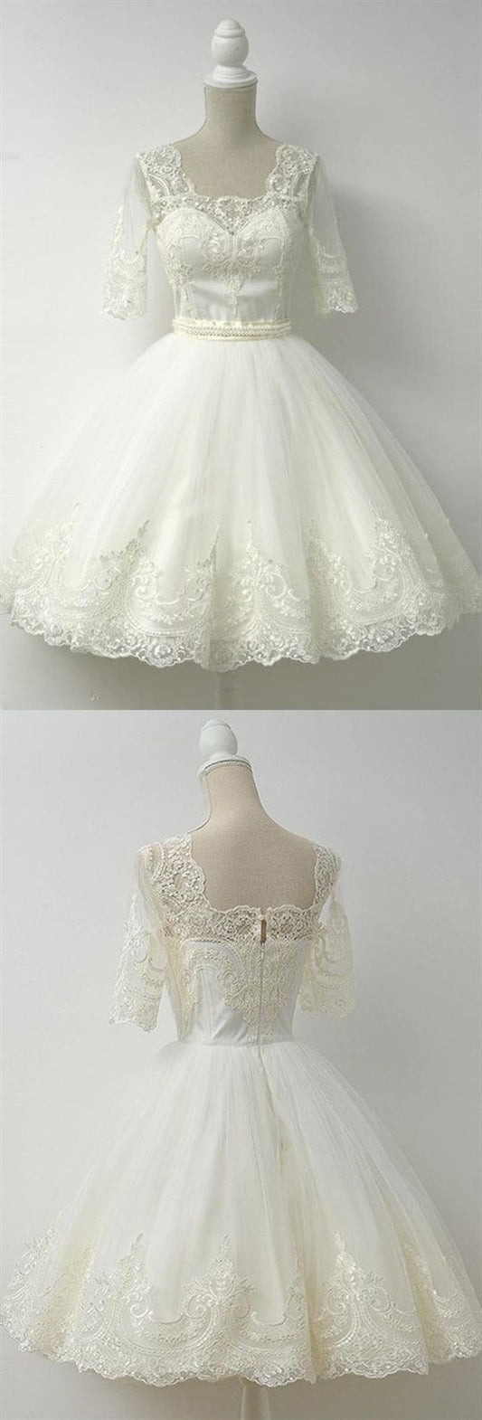 White Half Sleeves Short Homecoming Dresses A Line Novia Cocktail Lace Dress CD22748