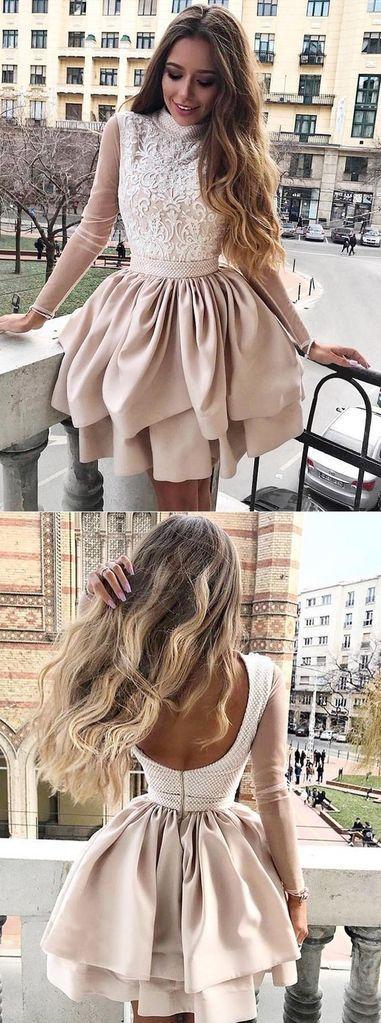 A-Line High Neck Homecoming Dresses Jimena Champagne With Appliques Sleeves Cute CD23