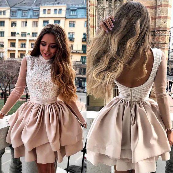 A-Line High Neck Homecoming Dresses Jimena Champagne With Appliques Sleeves Cute CD23