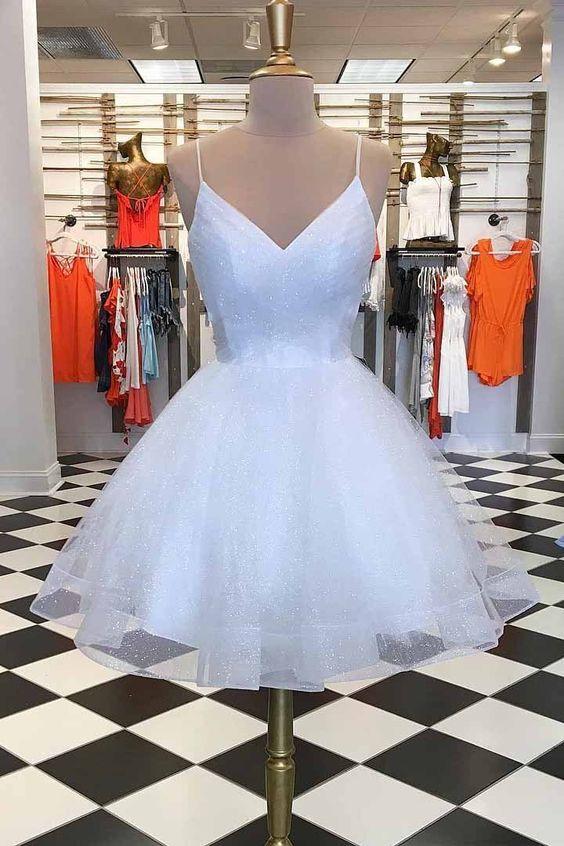 White Alyson Homecoming Dresses Spaghetti-Straps V Neck Short CD23149