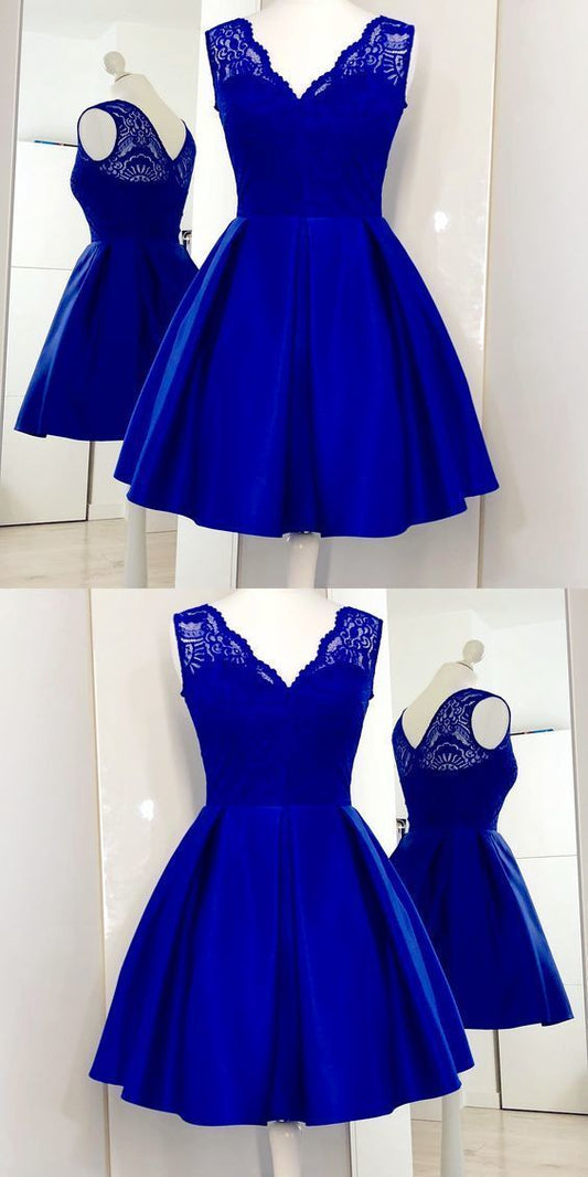 Charming Cute Satin Homecoming Dresses Lace Katherine Royal Blue Short CD233