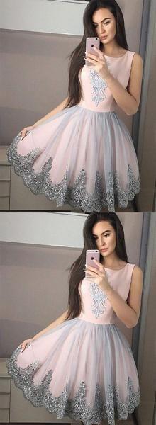 Round Neck Tulle Short Pink Lace Homecoming Dresses Mila CD245