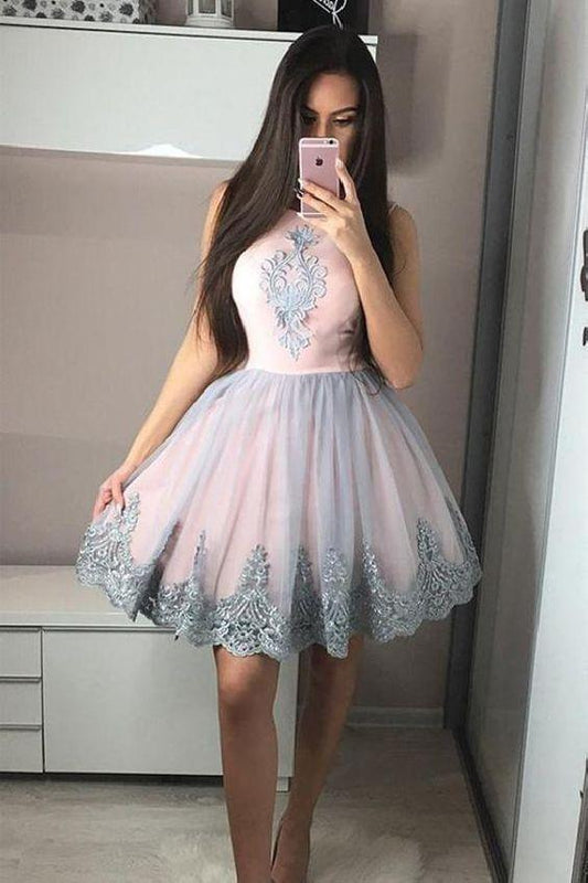 Round Neck Tulle Short Pink Lace Homecoming Dresses Mila CD245