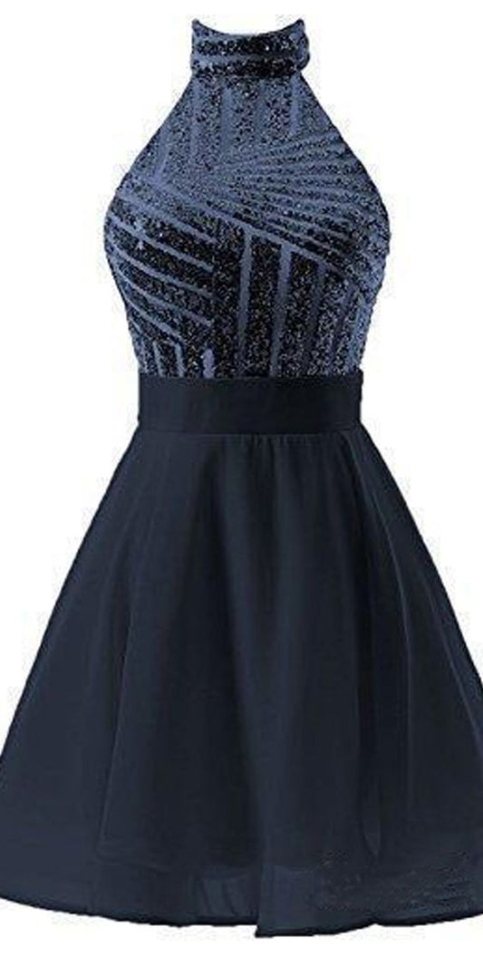 A-Line Halter Homecoming Dresses Chiffon Pink Jaylen Cocktail Short Dress With Sequins CD2479