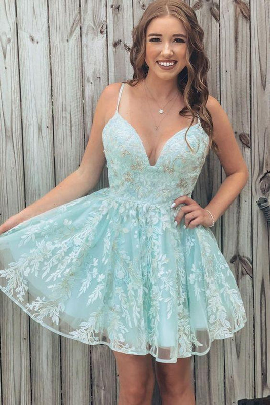 Princess Mint Green Homecoming Dresses Lace Diya Short With Straps CD2552