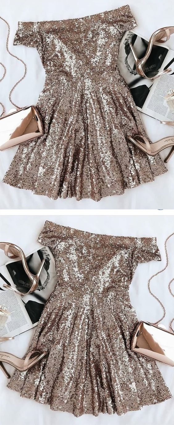 Stunning Gold Seuqins Off The Shoulder Party Dresses Short Sleeves Cocktail Cristina Homecoming Dresses CD2587