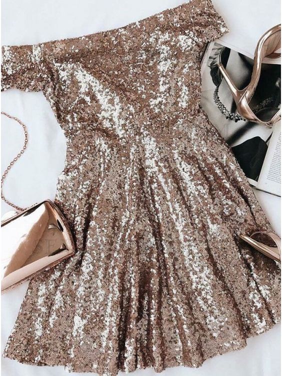 Stunning Gold Seuqins Off The Shoulder Party Dresses Short Sleeves Cocktail Cristina Homecoming Dresses CD2587