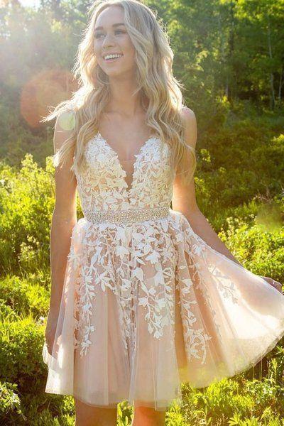 Short A-Line V-Neck Beaded Sashes Tulle Homecoming Dresses Marlie Lace Cute CD28