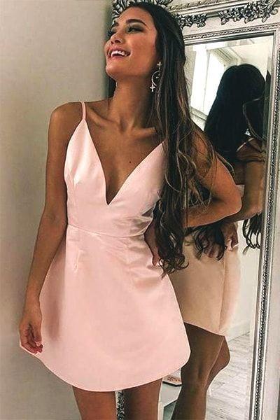 Simple V Neck Pink Teagan Homecoming Dresses Satin Short CD2850