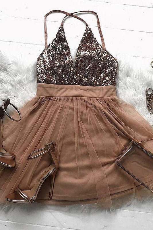 Short Cora Homecoming Dresses Sparkly Rose Gold Short CD291