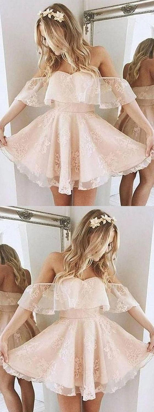 A-Line Off-Shoulder Pearl Tulle Short With Homecoming Dresses Lace Pink Kaelyn Ruffles Cute CD30