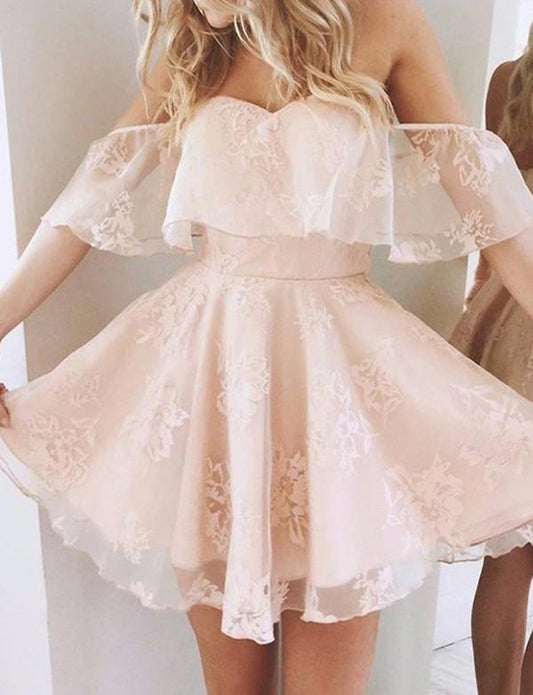 A-Line Off-Shoulder Pearl Tulle Short With Homecoming Dresses Lace Pink Kaelyn Ruffles Cute CD30