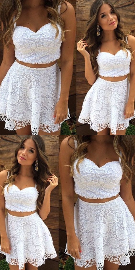 Two Piece Straps Short White Homecoming Dresses Lace Ida Cocktail Dress Cheap CD319