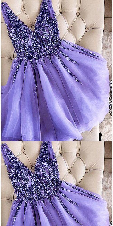 V-Neck Beaded Short Lavender Custom Cocktail Homecoming Dresses Phoenix Made Cute Party Dress CD3297