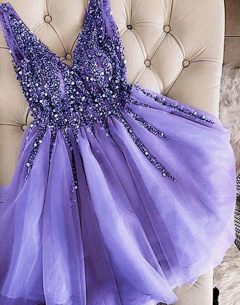 V-Neck Beaded Short Lavender Custom Cocktail Homecoming Dresses Phoenix Made Cute Party Dress CD3297