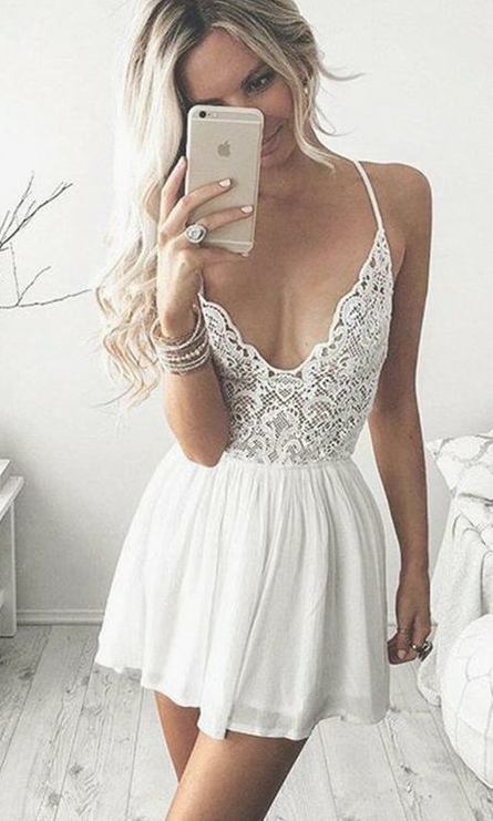 A-Line Spaghetti Straps Homecoming Dresses Lace Cocktail Chiffon Jaylynn Short White Dress With Short CD344