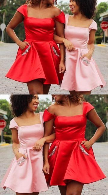 Cap Sleeves Mini Red/ Cocktail Satin Pink Amira Homecoming Dresses Party Dress CD3546