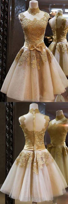 Janice Homecoming Dresses Gold A-Line High-Neck CD359