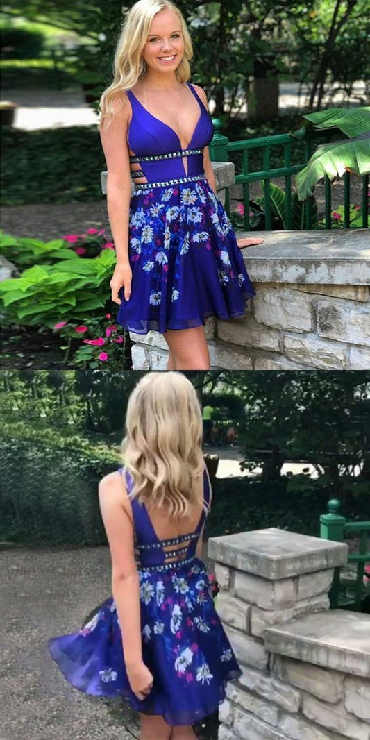 Floral Short Open Karina Royal Blue Homecoming Dresses Back With Beading CD387