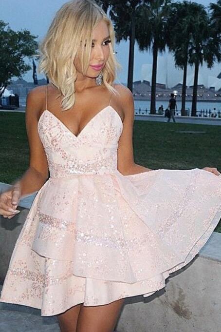 Straps Tiered Sequined Homecoming Dresses Pink Mia CD4043