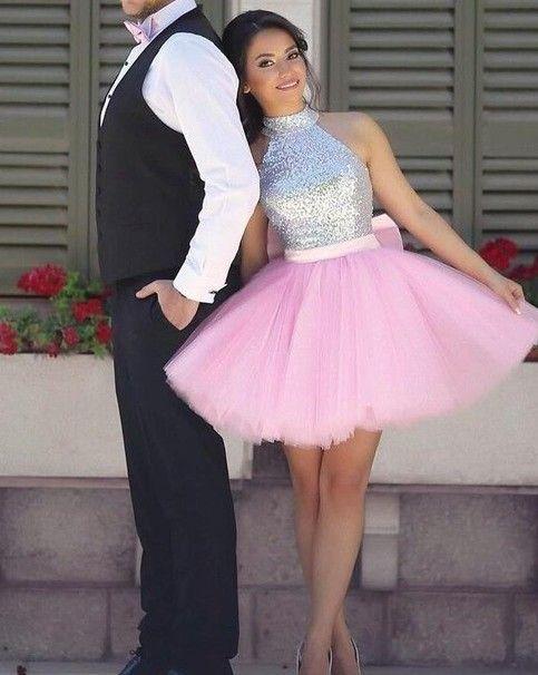 Cute Mini Short High Neck Light Tulle Sequins Homecoming Dresses Pink Cocktail Renata Mini Junior Party Dress CD420