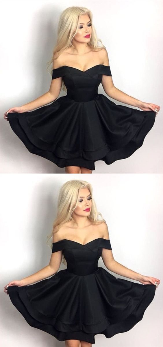 Chic V-Neck Off Shoulder Homecoming Dresses Jazlene Satin Ruffle Short Black CD421
