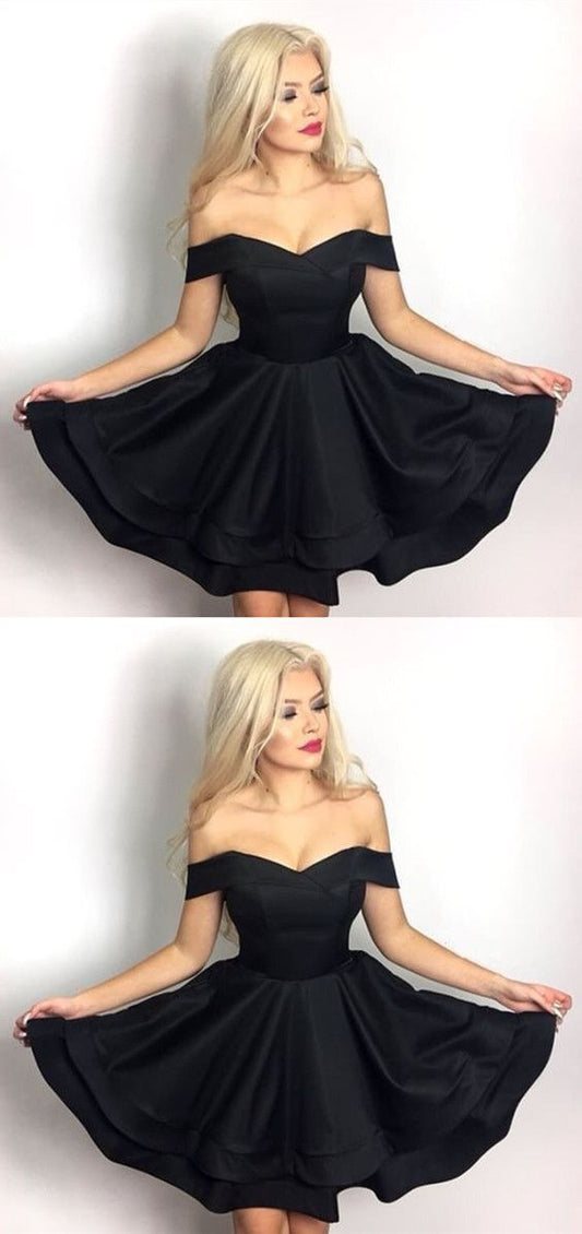 Chic V-Neck Off Shoulder Homecoming Dresses Jazlene Satin Ruffle Short Black CD421