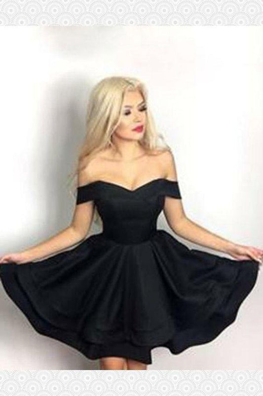 Chic V-Neck Off Shoulder Homecoming Dresses Jazlene Satin Ruffle Short Black CD421