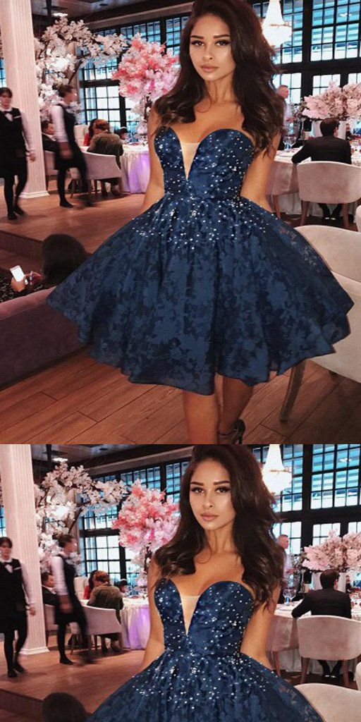 Dark Blue V-Neck Pearl Homecoming Dresses Dana Lace Cheap Short CD426