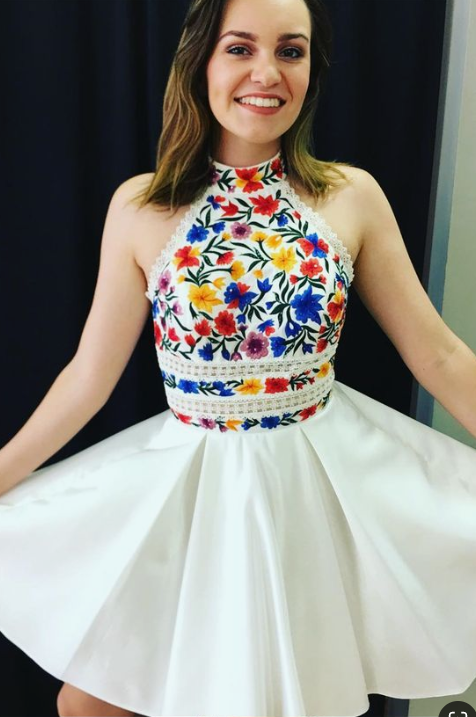 Short High Neck Floral Homecoming Dresses Miah Embroidery CD4355