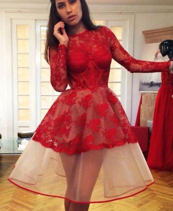 New Red Long Cocktail Claudia Homecoming Dresses Lace Sleeves Dresses CD4733