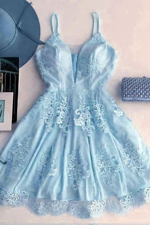 Light Blue Short V-Neck Dress Priscilla Homecoming Dresses Cocktail Semi Formal Dresses Elegant Party Dress CD475