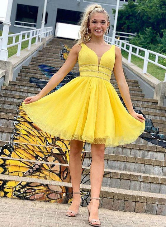 Yellow V Neck Tulle Short Dress Homecoming Dresses Makenzie Cocktail CD4803