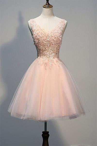 Blush Beaded Backless Kallie Homecoming Dresses Pink Lace Cocktail V-Neck Sweet 16 Dress CD51
