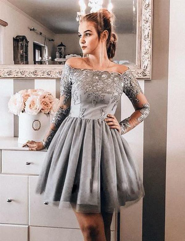 Cocktail Angelique Homecoming Dresses Off The Shoulder Short Appliques Gray Party Dresses CD518