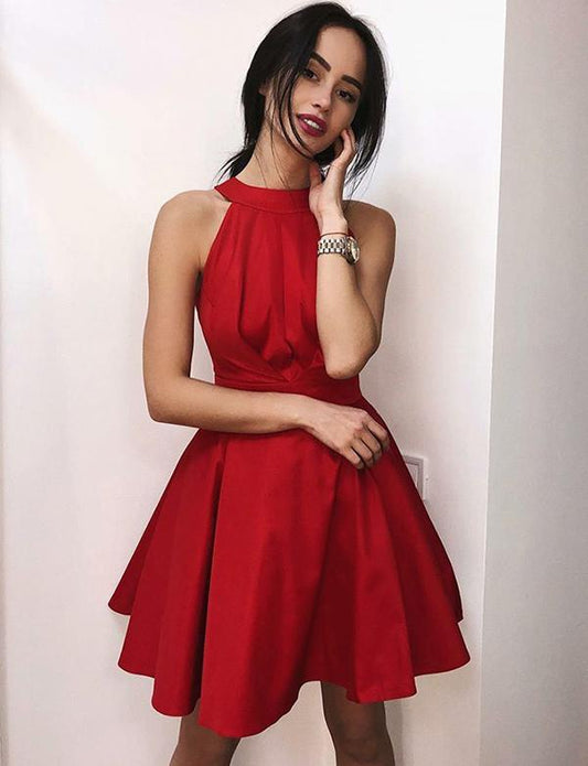 Anika Satin Homecoming Dresses Cocktail A-Line Sleeveless Jewel Open Back Dress CD541