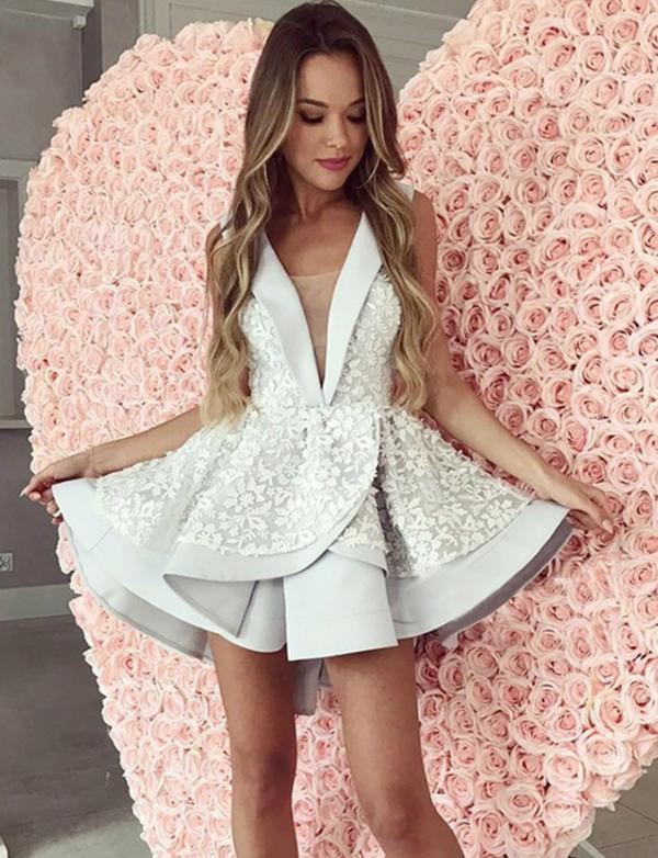 A-Line V-Neck Sleeveless Short Dress Hilary Lace Cocktail Homecoming Dresses With CD544