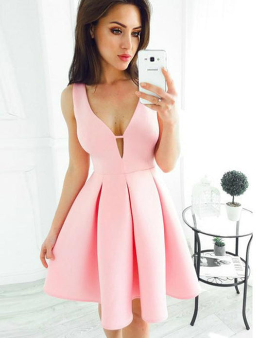 Sleeveless Homecoming Dresses Ashley Cocktail Pink Satin Deep V-Neck Dress CD546