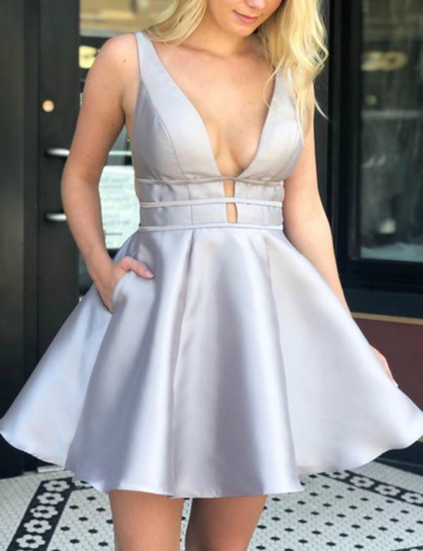 Deep Satin Cocktail Homecoming Dresses Amelie V-Neck Gray Dress With Pockets CD547