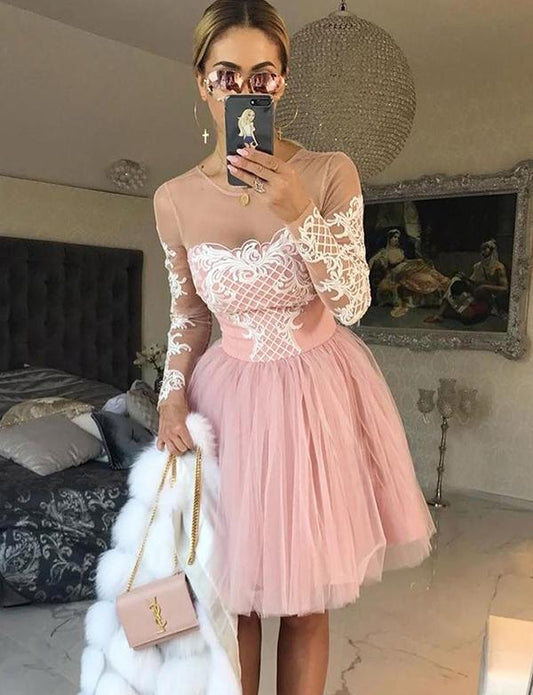 A-Line Jewel Long Sleeves Rylee Pink Homecoming Dresses Cocktail Tulle Dress With Appliques CD559