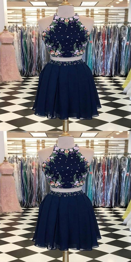 Sexy Navy Blue Short With Halter Neckline Affordable Homecoming Dresses Ellen Two Pieces CD590