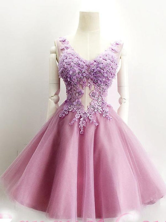 Elegant A-Line Lavender Tulle With Homecoming Dresses Cecelia Scoop Neckline Short With Appliques CD595